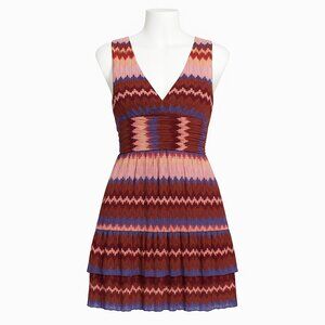 Ramy Brook Laura Knit Zigzag Metallic Tiered Mini Dress V-Neck Medium NEW